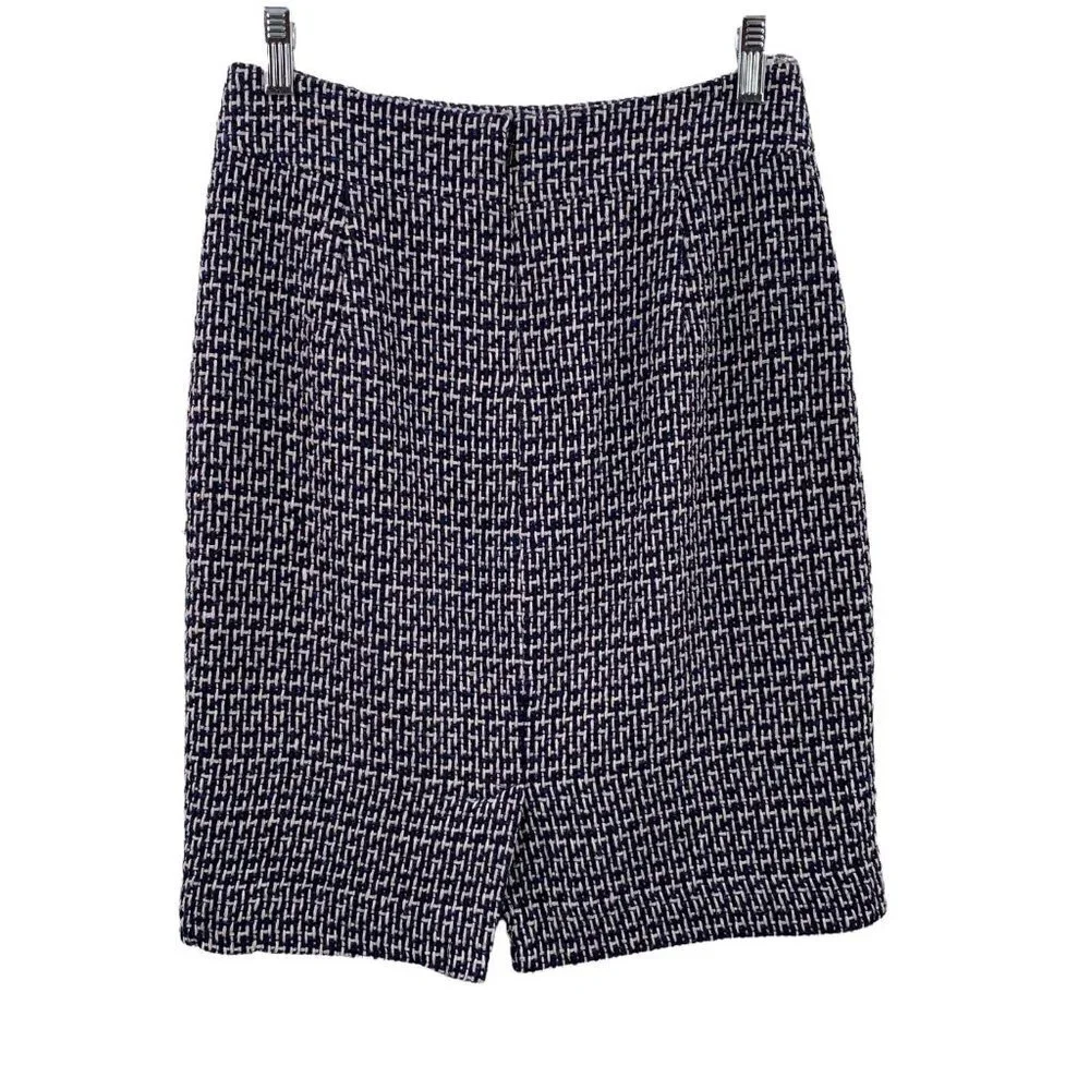 TORY BURCH Darren Navy Blue and White Cotton Tweed Pencil Skirt Size 2